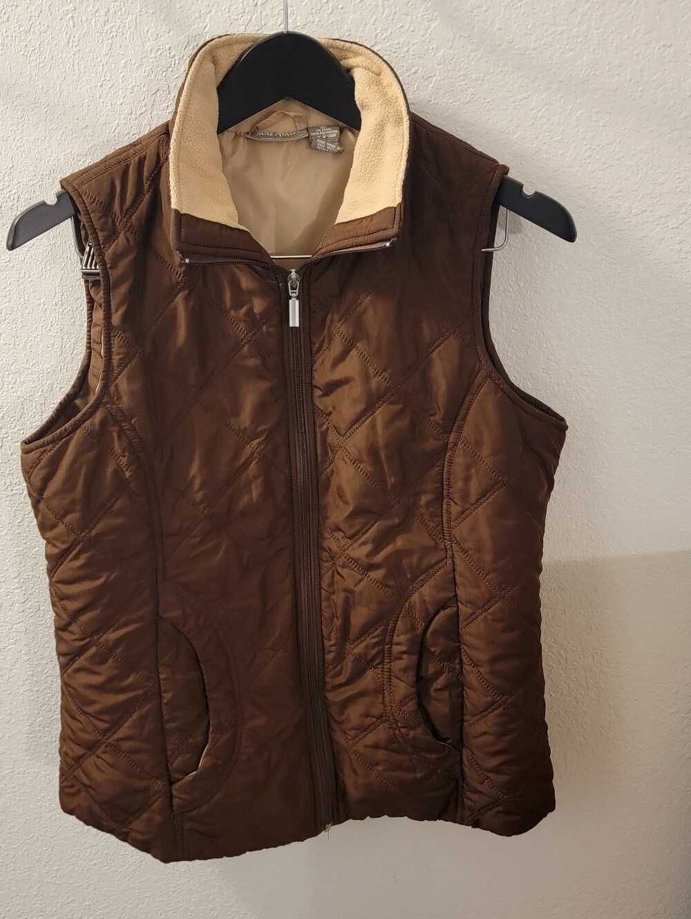 Jane Ashley Brown Quilted Vest with Cream Fleece Collar